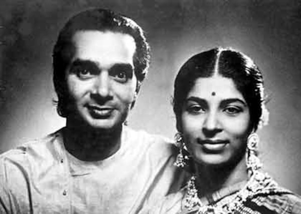 Uday Shankar with his glowing bride, Amala, in a red Benarasi silk saree, shortly after their marriage in 1942 in Almora.