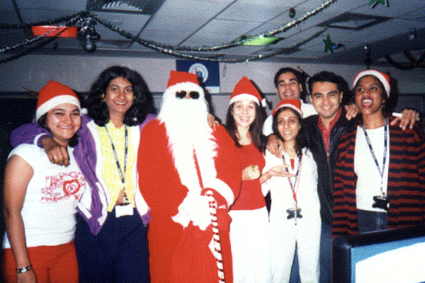 Santa on the shop floor at Christmas.