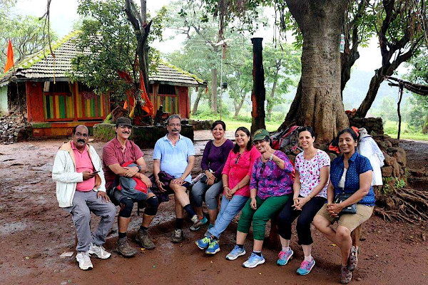 Tea break near the temple at the base of the mountain