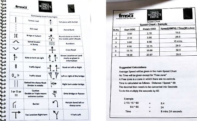 Sample Tulip chart and Time-Speed-Distance calculations provided by the organisers of the Times Women's Drive 2019.