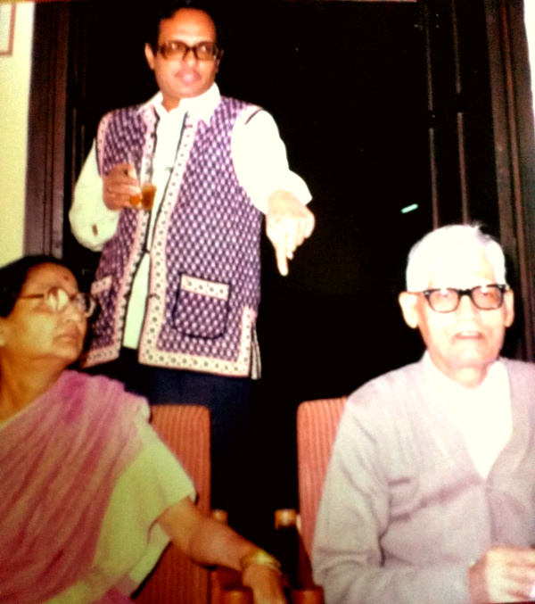 Prof. Brij Mohan Lal Bhatnagar (seated, right) with his wife, Smt. Ramani Bhatnagar (seated, left) and son-in-law, Subhash Mathur (standing, back).