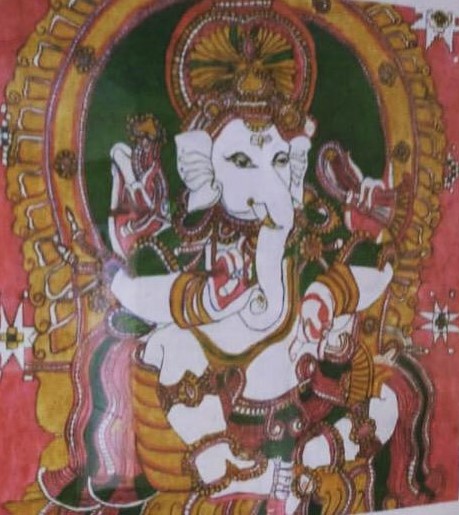 Lord Ganesha on throne blessing his devotees. Acrylic painting by Vatsala Rao