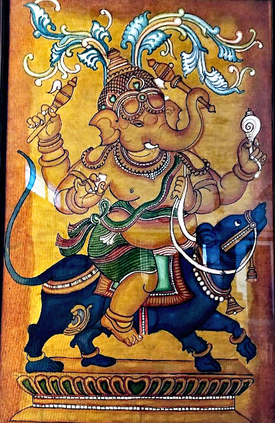 Lord Ganesha riding his vaahana, the mouse. Acrylic painting by Vatsala Rao