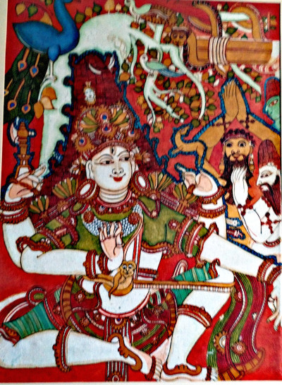 Lord Shiva sitting in a playful mood with his ganas. Acrylic painting by Vatsala Rao