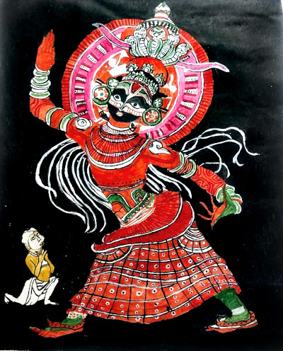 A yakshani being worshipped. Acrylic painting by Vatsala Rao